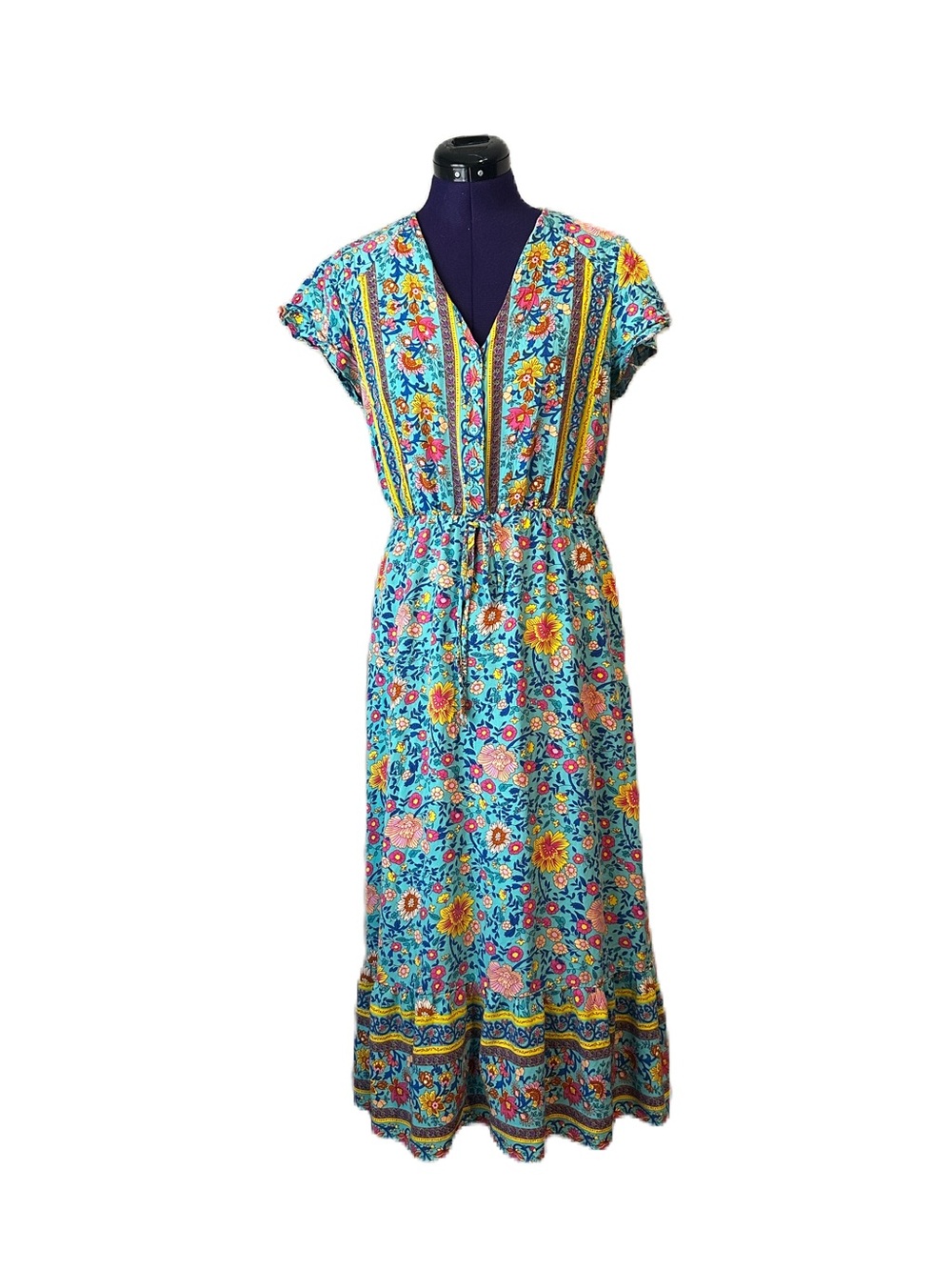 Blue Yellow Colorful Patterned Short Sleeve Maxi Dress